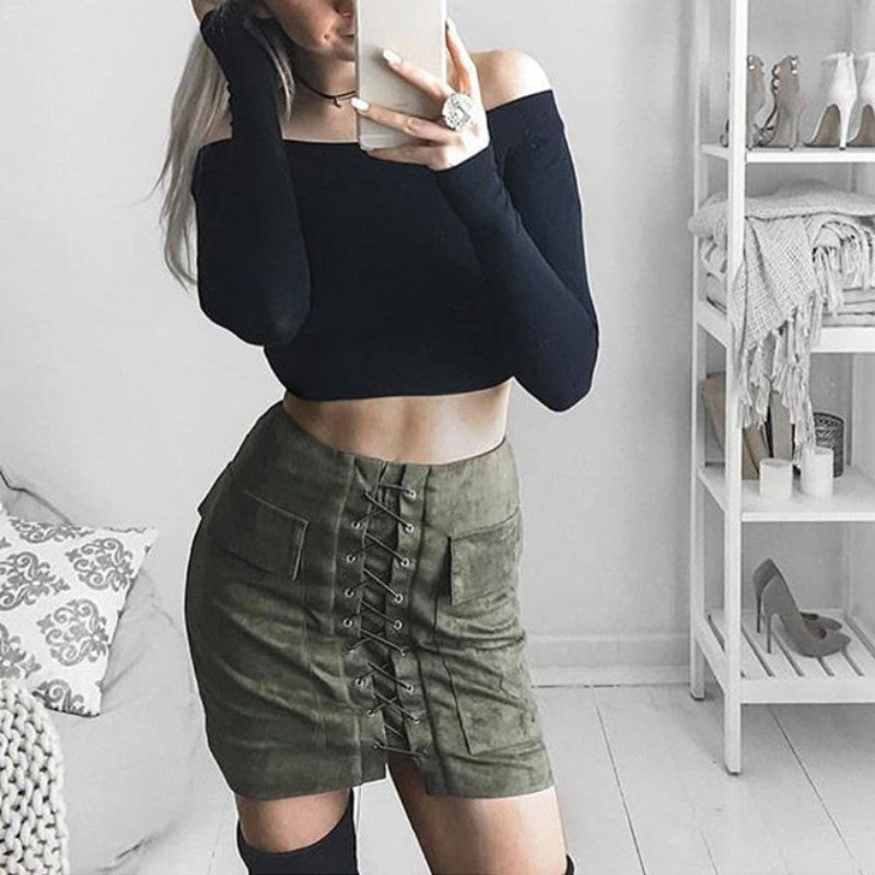 Online discount shop Australia - Lace Up Suede Leather Women Skirt 90's Vintage Pocket Preppy Short Skirt High Waist Casual Mini Skirts