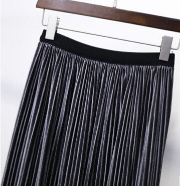 Online discount shop Australia - Fashion Pleated Skirt Retro Skirts High Quality Gold Shiny Pleated Velvet Medium And Long Elastic Waist Free