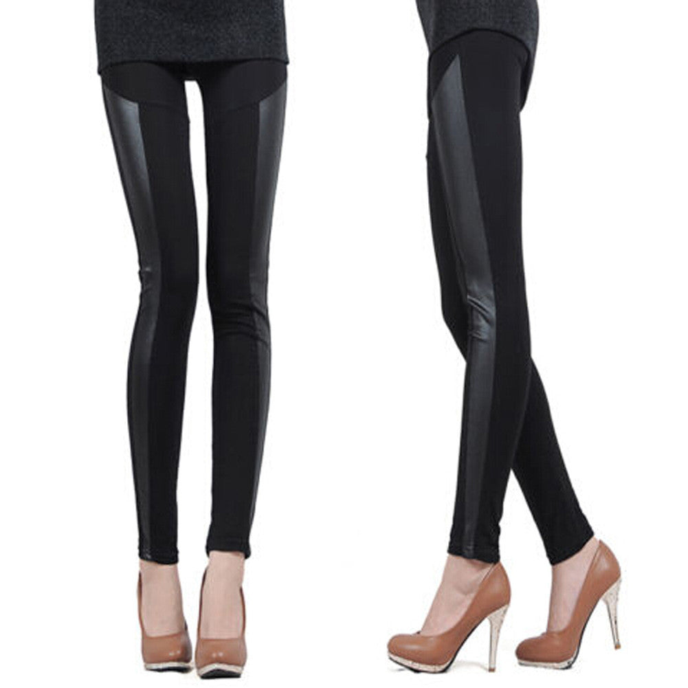 Online discount shop Australia - Fashion Womens Faux Leather Patchwork Black Leggings Pants Slim Trousers Pants