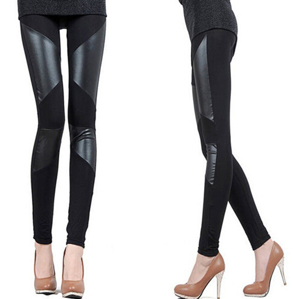 Online discount shop Australia - Fashion Womens Faux Leather Patchwork Black Leggings Pants Slim Trousers Pants