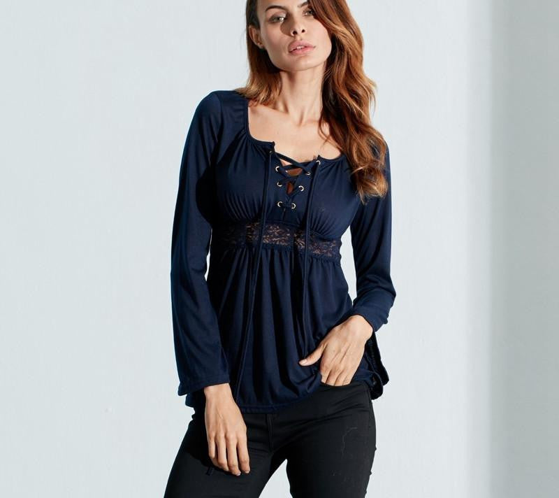 Women Blouse V Neck Long Sleeve Lace Shirt Solid Casual Pleated Lace Up Stretch Blouses Plus Size