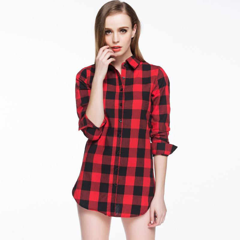 Women Blouses Long Shirts Single Breasted Plaid Cotton Shirt Wild Casual Streetwear Shirt Women Plus Size Blouse BE66