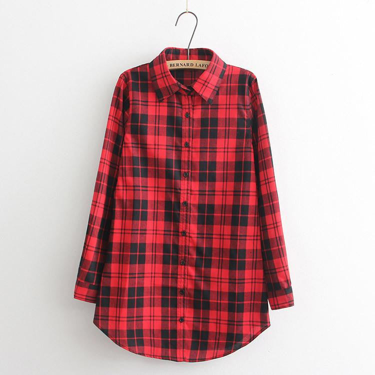 Women Blouses Long Shirts Single Breasted Plaid Cotton Shirt Wild Casual Streetwear Shirt Women Plus Size Blouse BE66