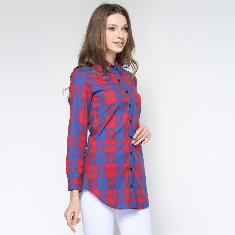 Women Blouses Long Shirts Single Breasted Plaid Cotton Shirt Wild Casual Streetwear Shirt Women Plus Size Blouse BE66