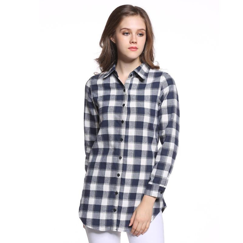 Women Blouses Long Shirts Single Breasted Plaid Cotton Shirt Wild Casual Streetwear Shirt Women Plus Size Blouse BE66