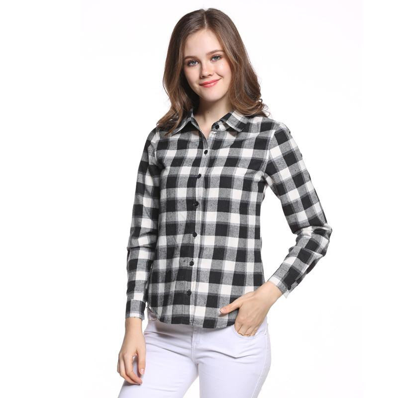 Women Blouses Long Shirts Single Breasted Plaid Cotton Shirt Wild Casual Streetwear Shirt Women Plus Size Blouse BE66