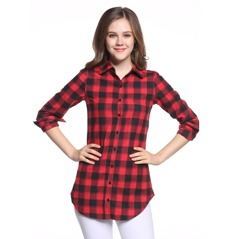 Women Blouses Long Shirts Single Breasted Plaid Cotton Shirt Wild Casual Streetwear Shirt Women Plus Size Blouse BE66