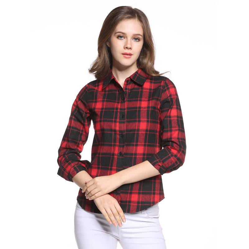 Women Blouses Long Shirts Single Breasted Plaid Cotton Shirt Wild Casual Streetwear Shirt Women Plus Size Blouse BE66
