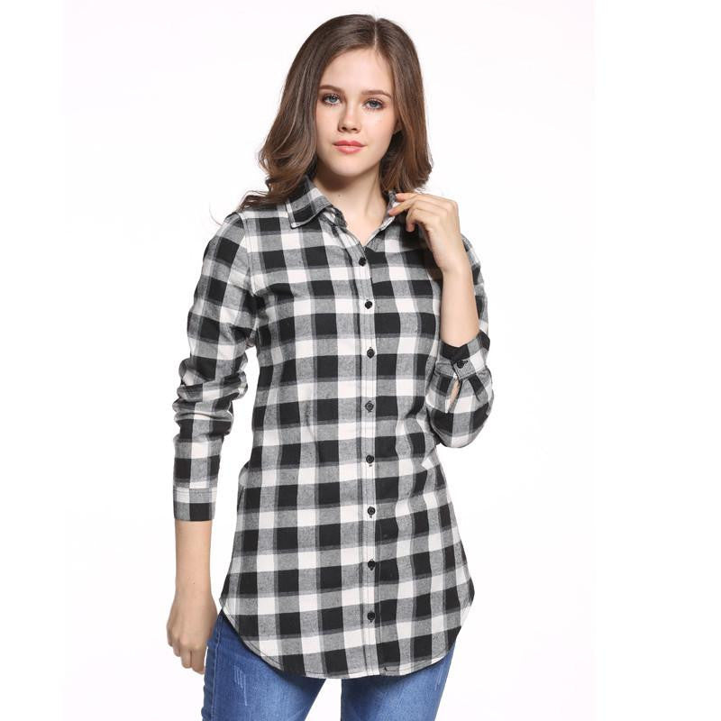 Women Blouses Long Shirts Single Breasted Plaid Cotton Shirt Wild Casual Streetwear Shirt Women Plus Size Blouse BE66