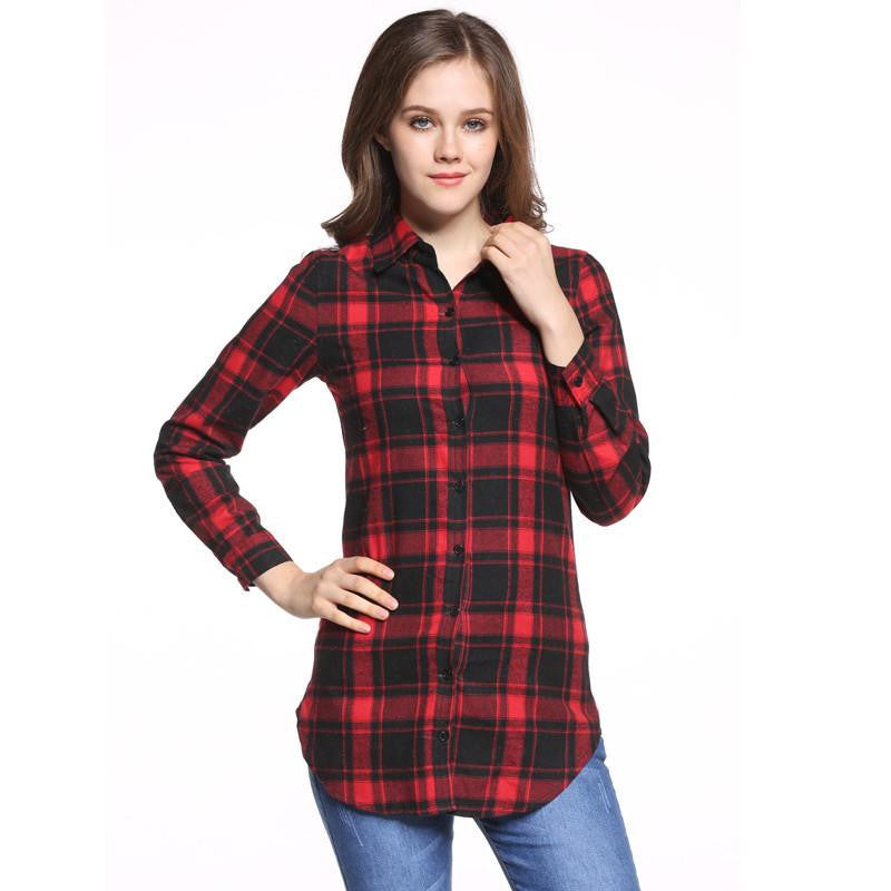 Women Blouses Long Shirts Single Breasted Plaid Cotton Shirt Wild Casual Streetwear Shirt Women Plus Size Blouse BE66