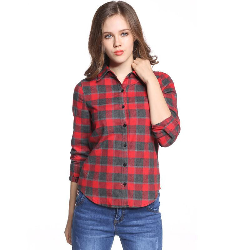 Women Blouses Long Shirts Single Breasted Plaid Cotton Shirt Wild Casual Streetwear Shirt Women Plus Size Blouse BE66