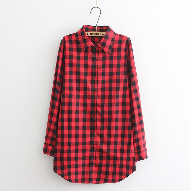 Women Blouses Long Shirts Single Breasted Plaid Cotton Shirt Wild Casual Streetwear Shirt Women Plus Size Blouse BE66