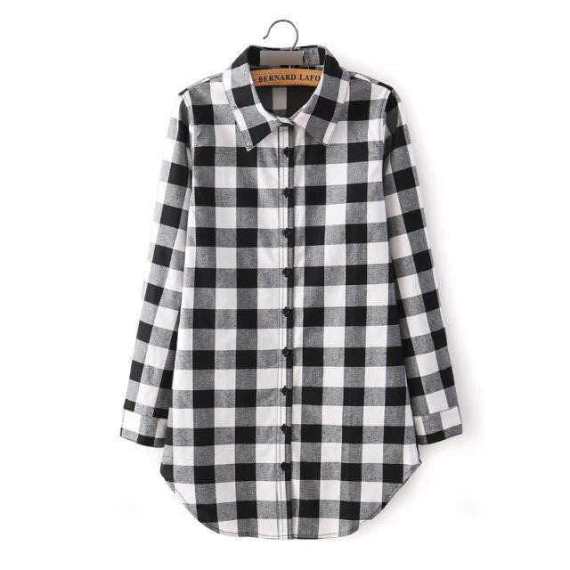 Women Blouses Long Shirts Single Breasted Plaid Cotton Shirt Wild Casual Streetwear Shirt Women Plus Size Blouse BE66