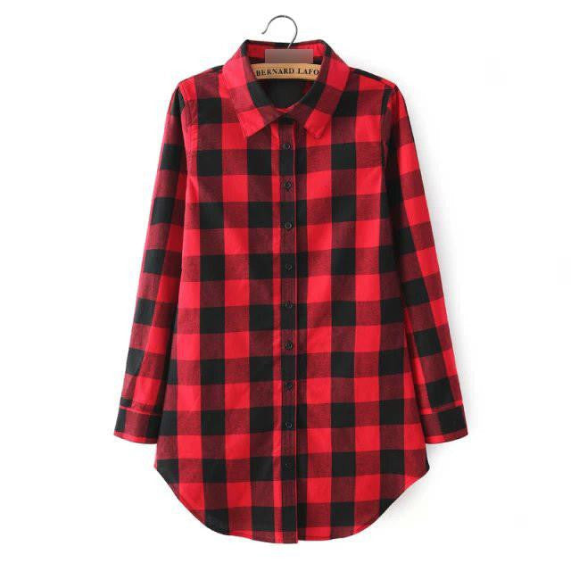 Women Blouses Long Shirts Single Breasted Plaid Cotton Shirt Wild Casual Streetwear Shirt Women Plus Size Blouse BE66