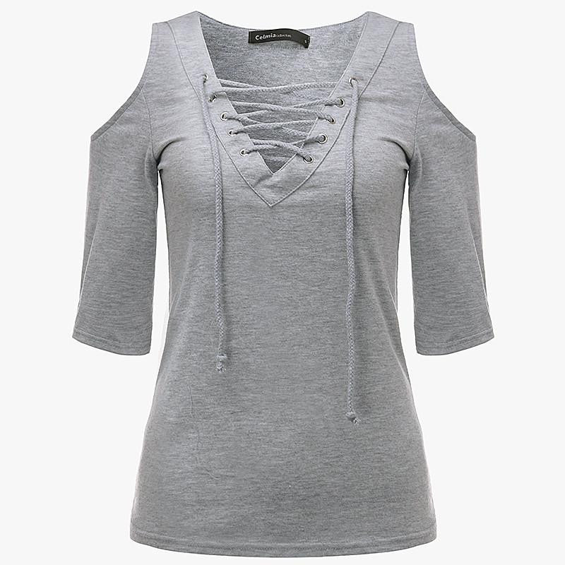 Women Casual Lace Up V neck Blouse Off Shoulder Half Sleeve Slim Tops Plus Size White Gray Shirts