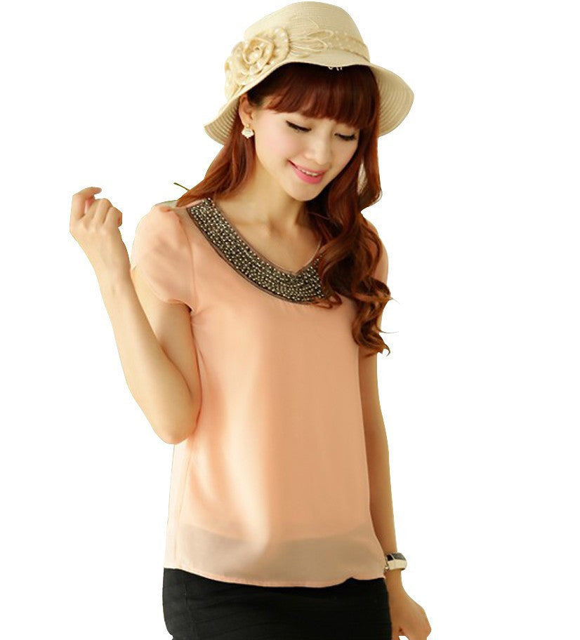 Online discount shop Australia - Exclusive 9 Color S-4XL New Women Loose Big size chiffon casual Blouse/Beading O-neck Pullover Costume shirt