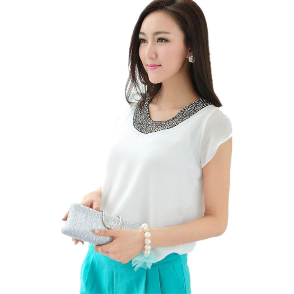 Online discount shop Australia - Exclusive 9 Color S-4XL New Women Loose Big size chiffon casual Blouse/Beading O-neck Pullover Costume shirt