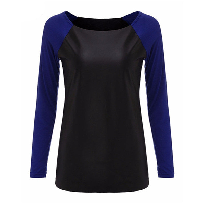 Online discount shop Australia - Fashion Casual Long Sleeve PU Leather Patchwork Women Blouses Contrast Color Slim Shirts
