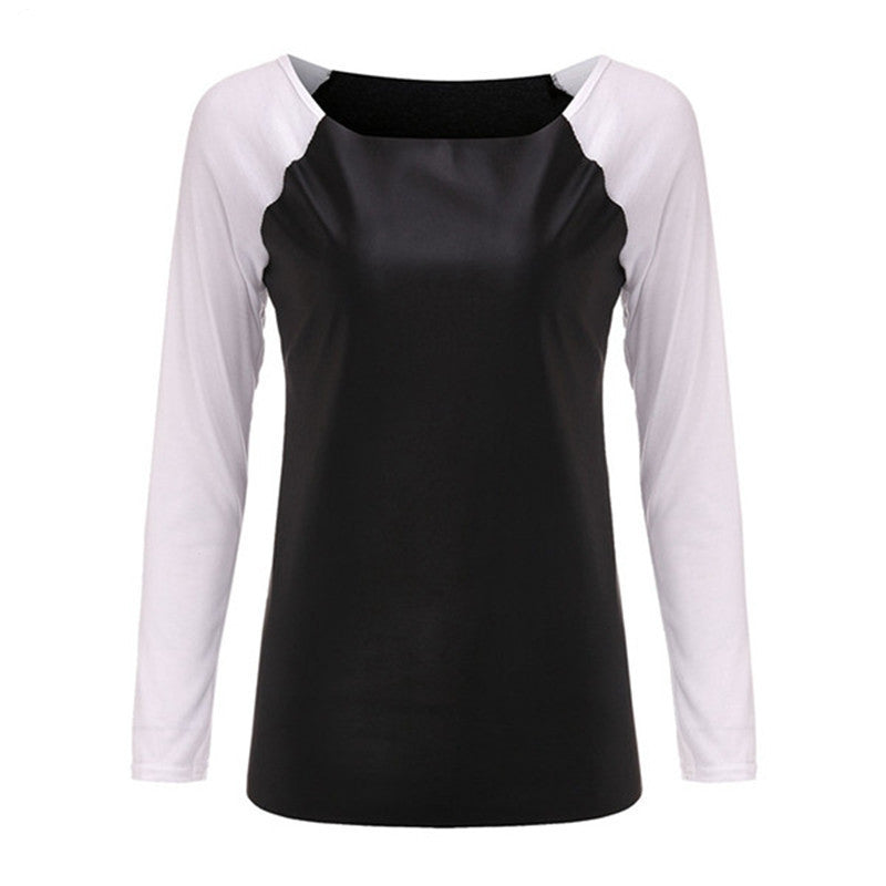 Online discount shop Australia - Fashion Casual Long Sleeve PU Leather Patchwork Women Blouses Contrast Color Slim Shirts