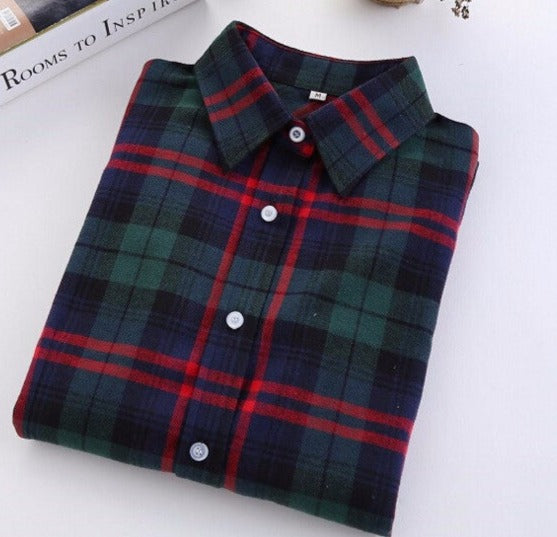 Plaid Shirt Female College style women's Blouses Long Sleeve Flannel Shirt Cotton Office tops