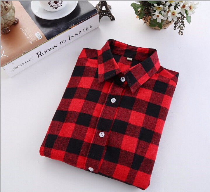 Plaid Shirt Female College style women's Blouses Long Sleeve Flannel Shirt Cotton Office tops