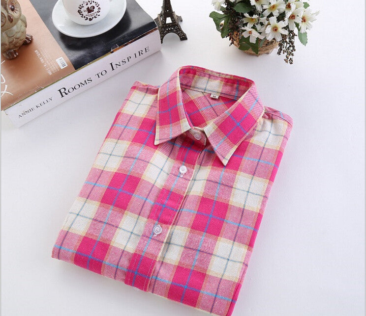 Plaid Shirt Female College style women's Blouses Long Sleeve Flannel Shirt Cotton Office tops