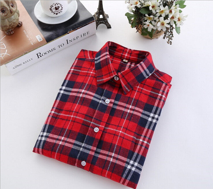 Plaid Shirt Female College style women's Blouses Long Sleeve Flannel Shirt Cotton Office tops