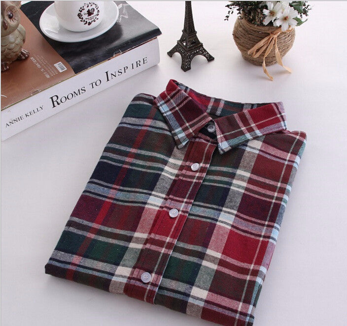 Plaid Shirt Female College style women's Blouses Long Sleeve Flannel Shirt Cotton Office tops
