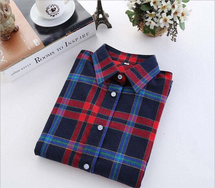 Plaid Shirt Female College style women's Blouses Long Sleeve Flannel Shirt Cotton Office tops