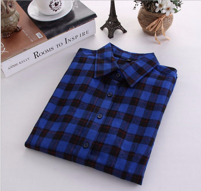Plaid Shirt Female College style women's Blouses Long Sleeve Flannel Shirt Cotton Office tops