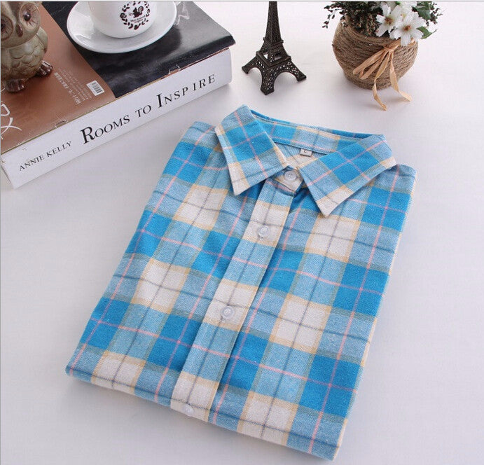Plaid Shirt Female College style women's Blouses Long Sleeve Flannel Shirt Cotton Office tops