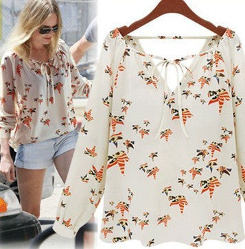 Elegant Women Floral Print Blouse V-neck Casual Vintage Shirts Chiffon Blouses Tops H2155