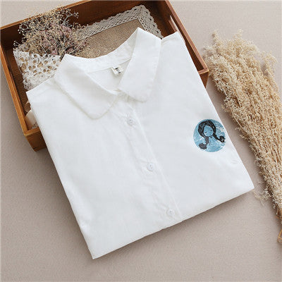 Online discount shop Australia - Cotton Blouse female cat koala cartoon Lapel embroidered tops white long sleeve shirt