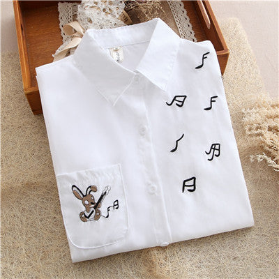Online discount shop Australia - Cotton Blouse female cat koala cartoon Lapel embroidered tops white long sleeve shirt