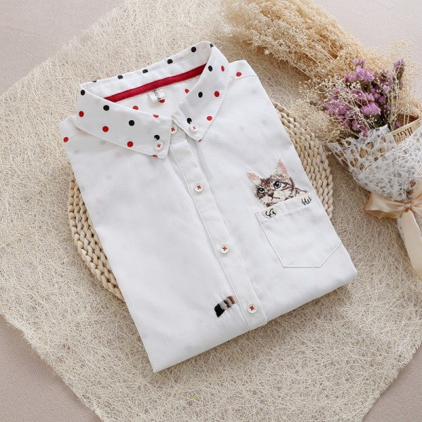 Online discount shop Australia - Cotton Blouse female cat koala cartoon Lapel embroidered tops white long sleeve shirt