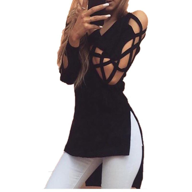 Women Blouse Deep-V Hollow Cut Out Sleeve Tee shirt Short Front And Long Back Tops Tees Split Cool Women Blouse