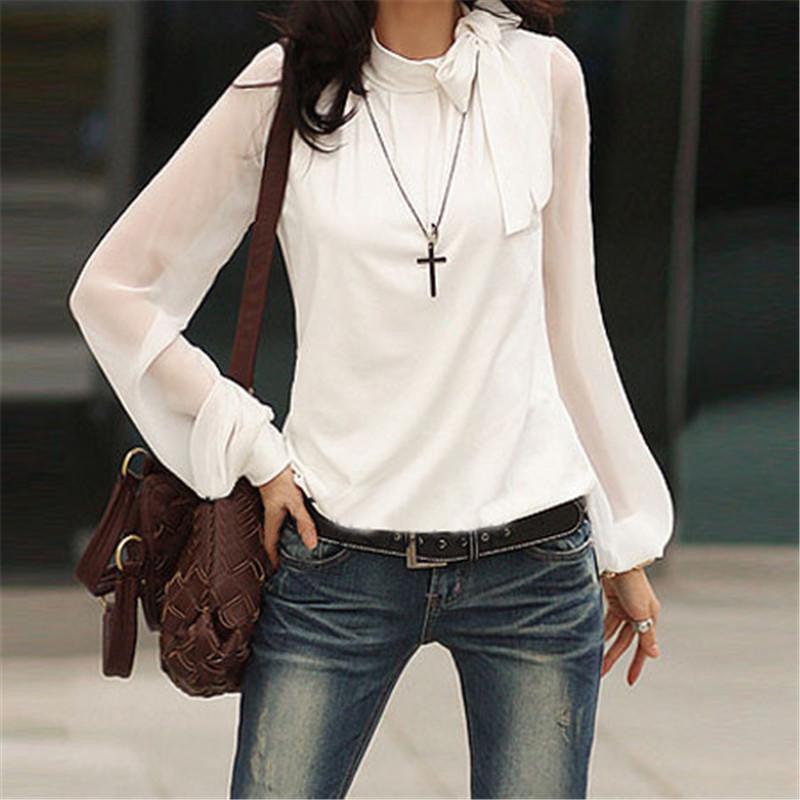 Women Blouse See Through Long Sleeve Bow Blouses Shirts Plus Size Black White