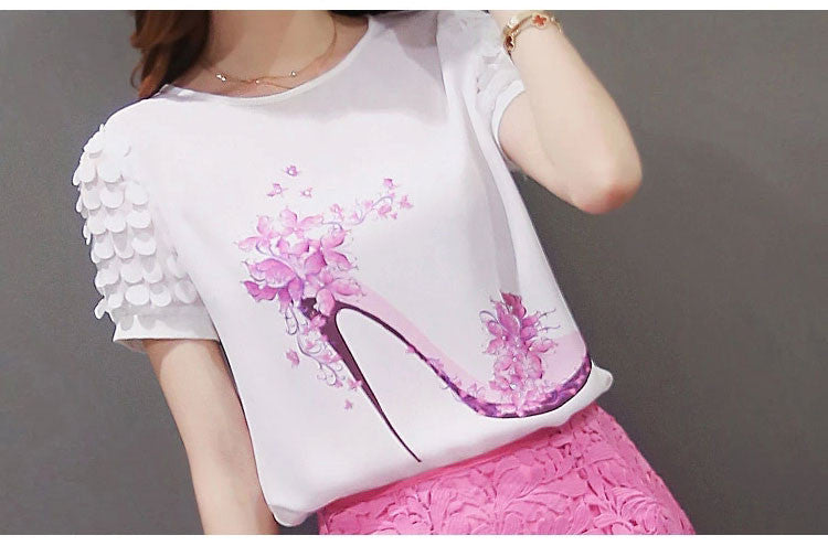 Women Fashion print Short Sleeve Diamonds Blouses Shirts Casual Chiffon Flower 89J 30