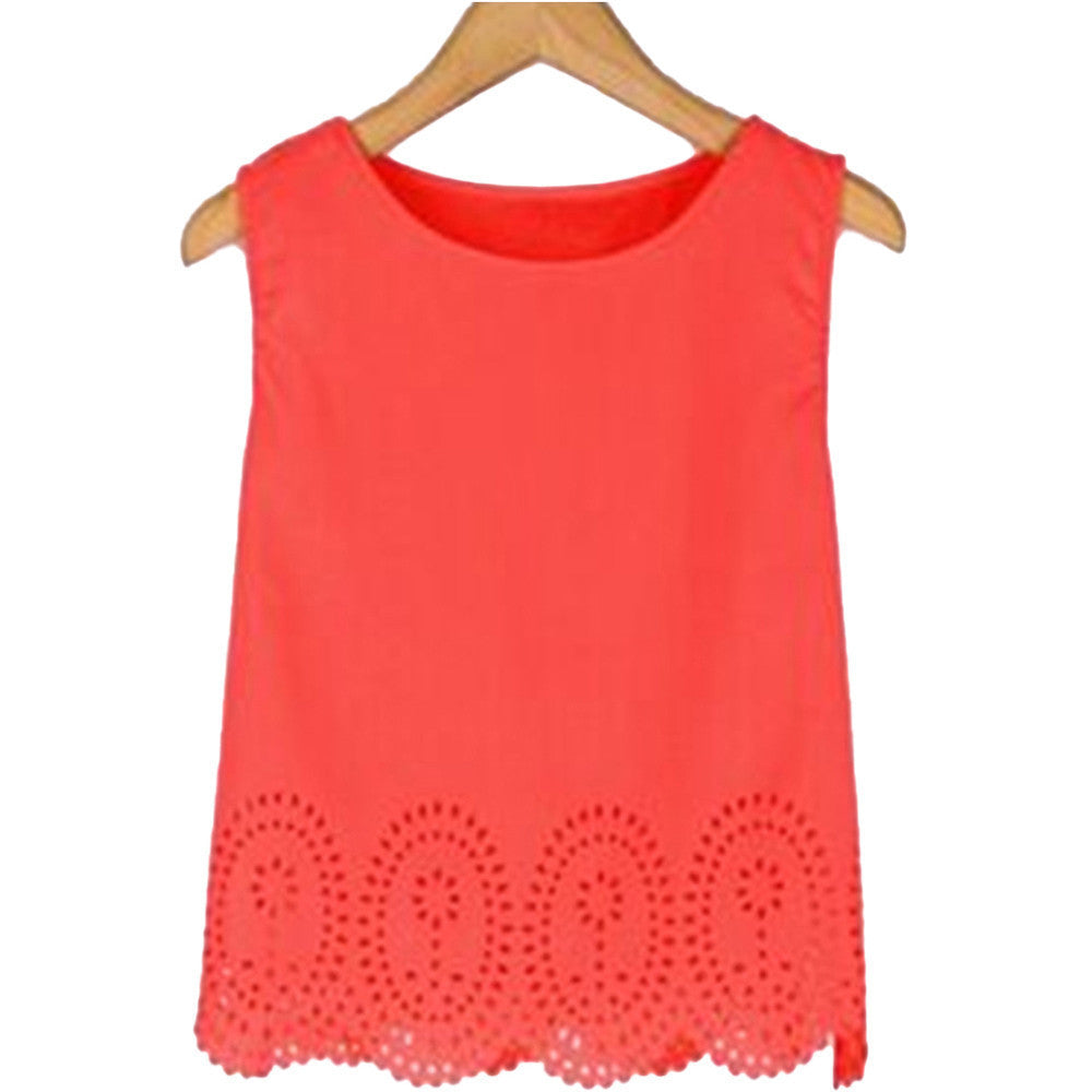 Online discount shop Australia - Hollow Out Chiffon Shirt Sleeveless Women Blouse  Plus Size Cropped Tank Top Casual  4XL