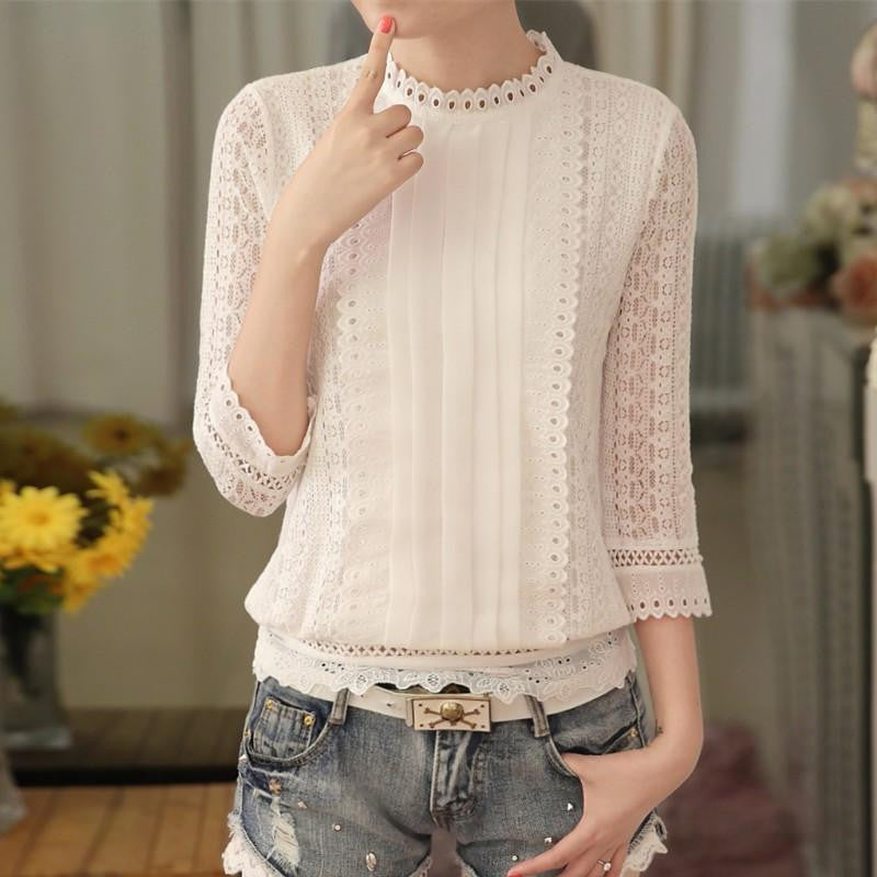 women casual white lace blouse fashion sexy 3/4 sleeve stand collar crochet tops shirt clothes A633