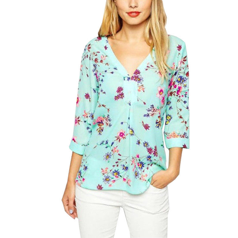Women Blouses Turn Down Collar Chiffon Shirt Floral Blouse Long Sleeve Shirt Ladies Tops