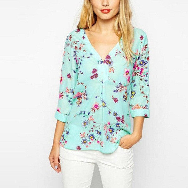 Women Blouses Turn Down Collar Chiffon Shirt Floral Blouse Long Sleeve Shirt Ladies Tops