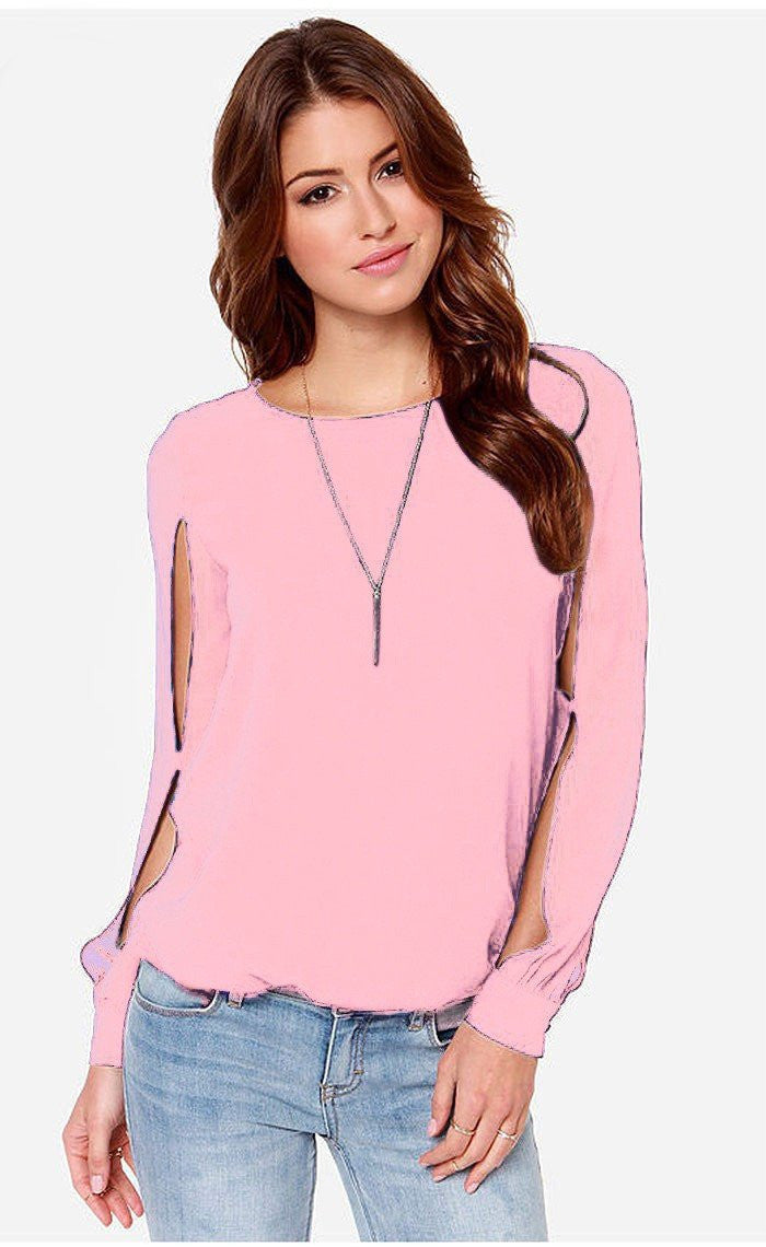 style Fashion Women O neck button long hole sleeve ladies tops chiffon shirts solid elegant Top casual blouse