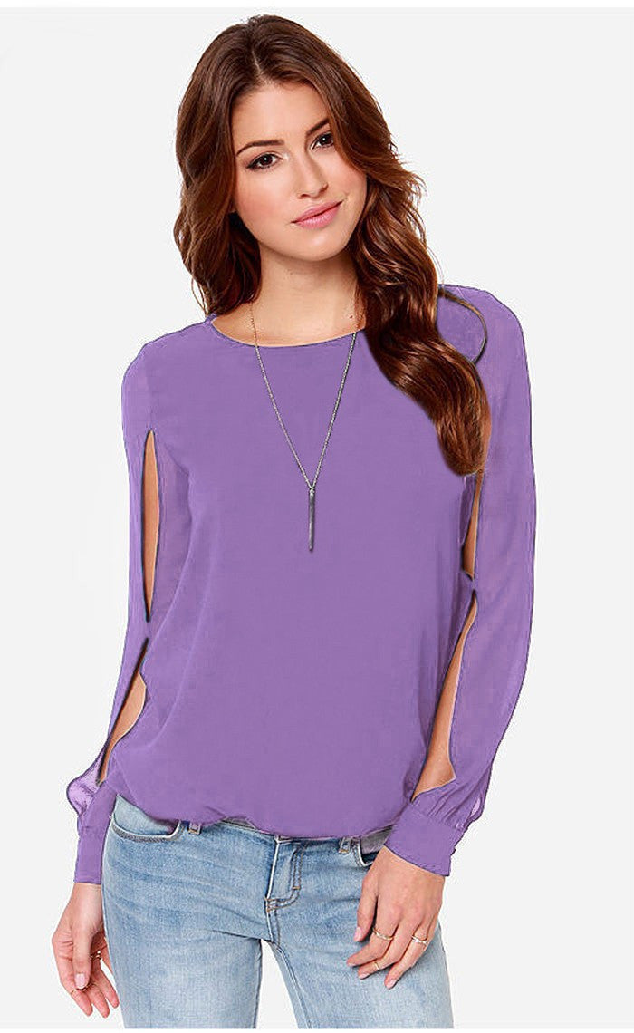 style Fashion Women O neck button long hole sleeve ladies tops chiffon shirts solid elegant Top casual blouse