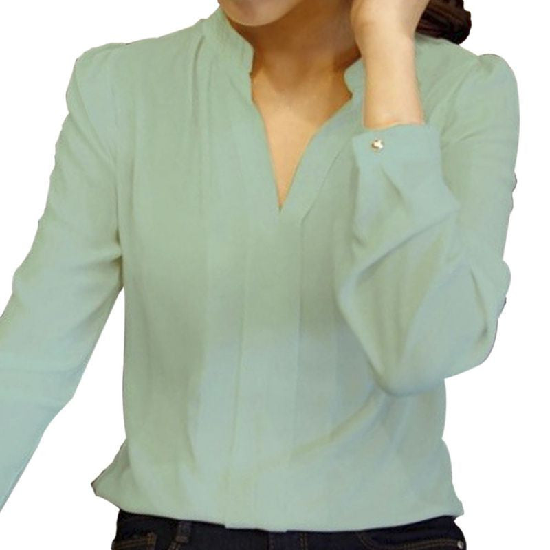 Online discount shop Australia - Casual White Womens Chiffon Blouse Ladies Solid Elegant V-neck Blouses Long Sleeve OL Office Shirt Plus Size