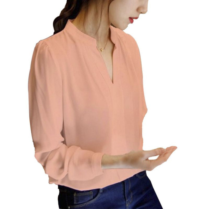 Online discount shop Australia - Casual White Womens Chiffon Blouse Ladies Solid Elegant V-neck Blouses Long Sleeve OL Office Shirt Plus Size