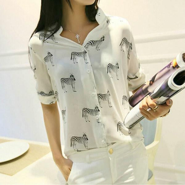 Women Chiffon Letter Zebra Print Blouse Shirt Girl Three Quarter Sleeve Button Down Tops Plus size