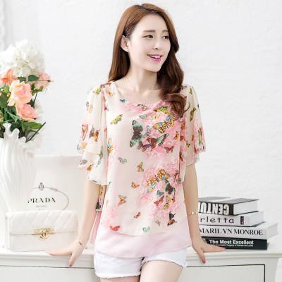 Woman Shirt Print Floral Casual Short Butterfly-sleeve Chiffon Blouse Shirt Women O-Neck Cool Tops Plus Size
