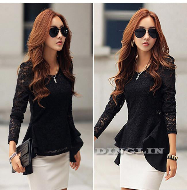 Women Sheer Lace Blouse Office Tops Long Sleeve Floral Slim Fitted Shirt Peplum Top Black Plus Size CL1648