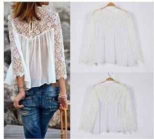 Online discount shop Australia - Buenos Ninos white lace blouse for women chiffon blouses renda blusa long sleeve lac shirt crochet sexy plus size tops women